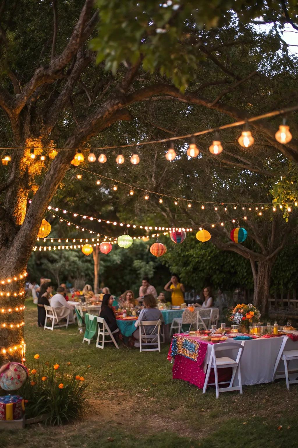 A vibrant garden party setup with string lights and colorful tableware.