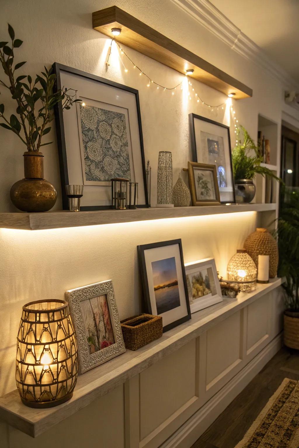 Use accent lighting to make your shelf a welcoming focal point.