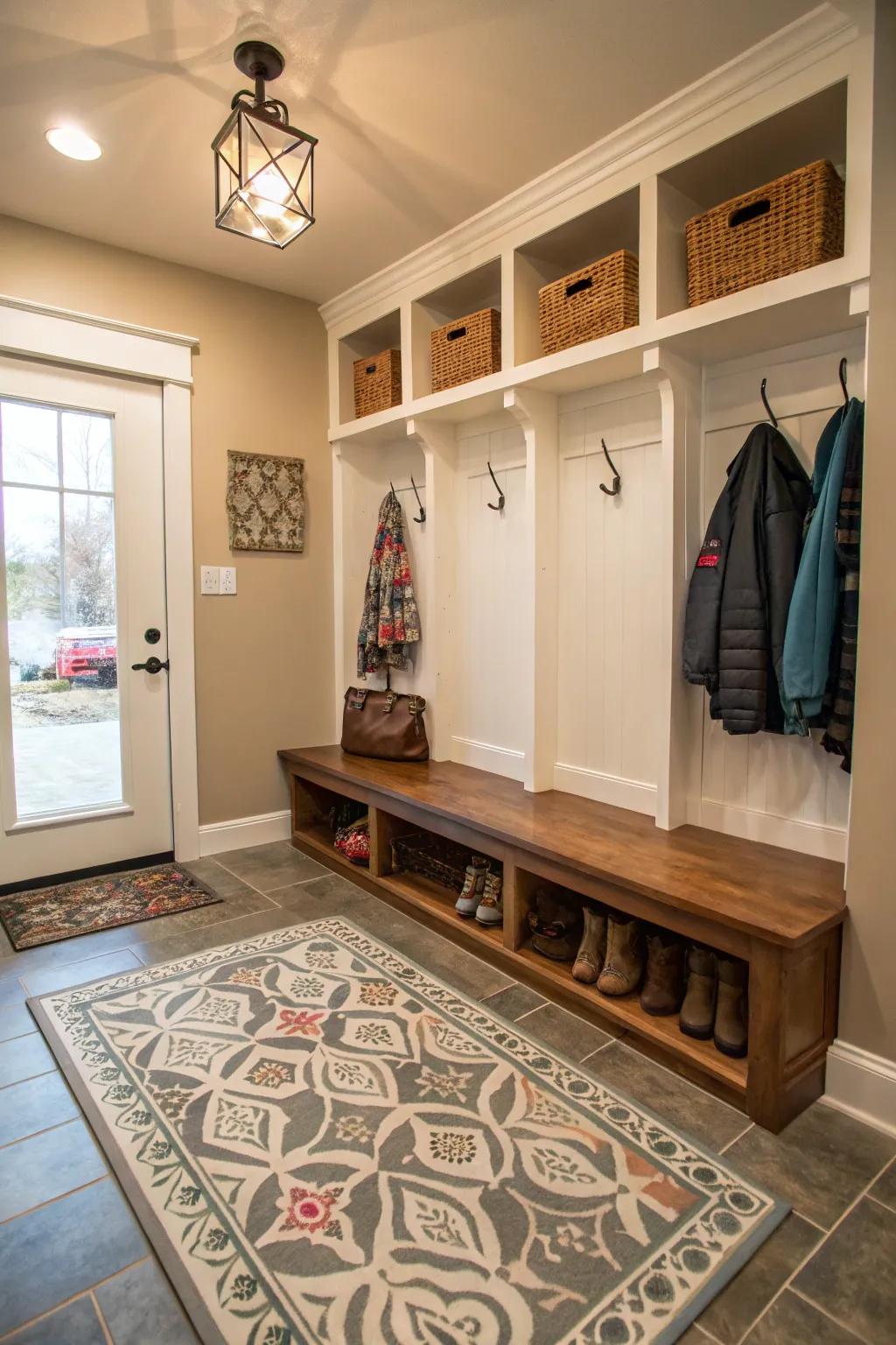 A faux rug coated floor adds both flair and practicality.