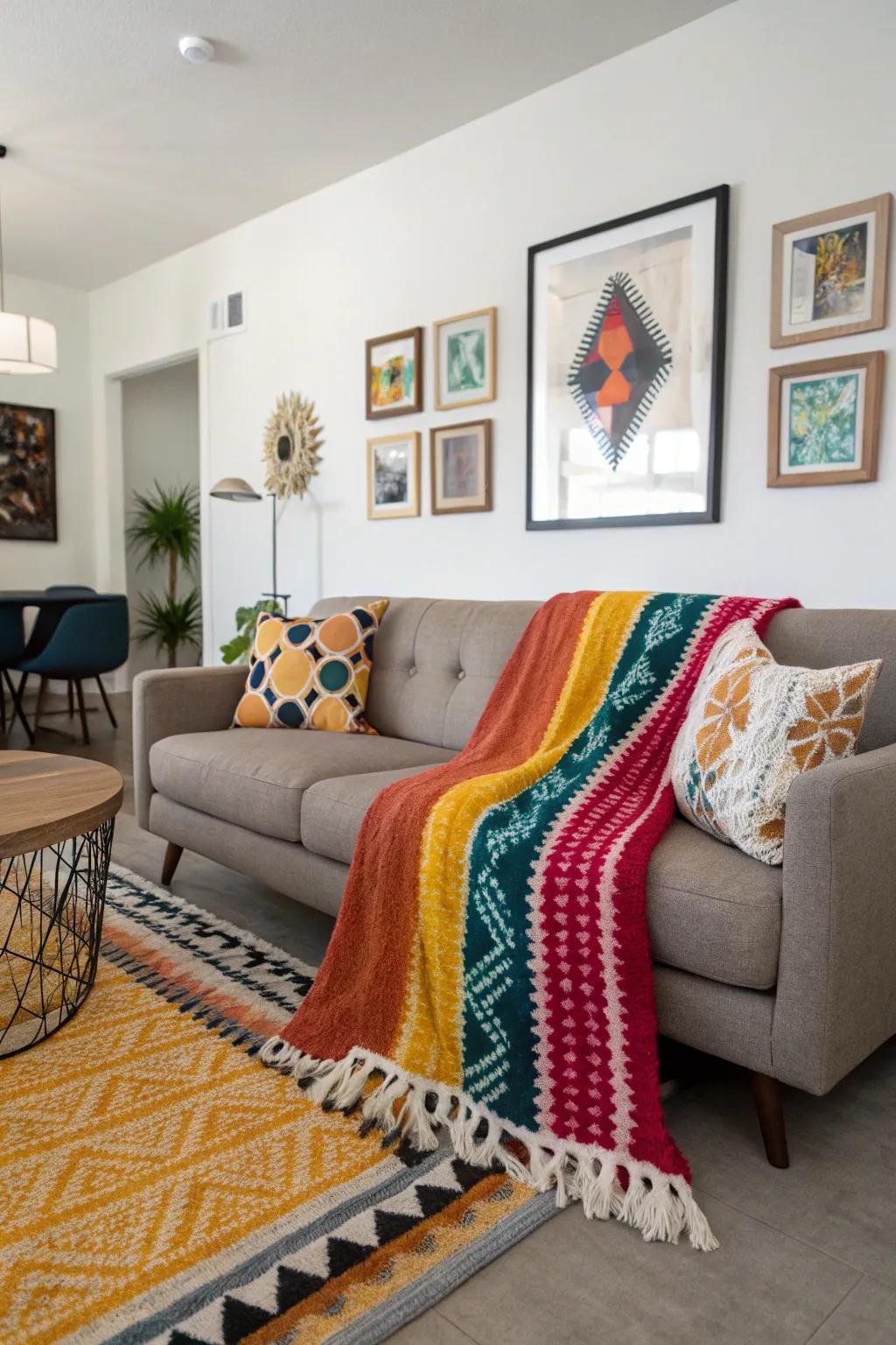 A striking throw as a statement piece on a sofa, adding vibrancy to the space.
