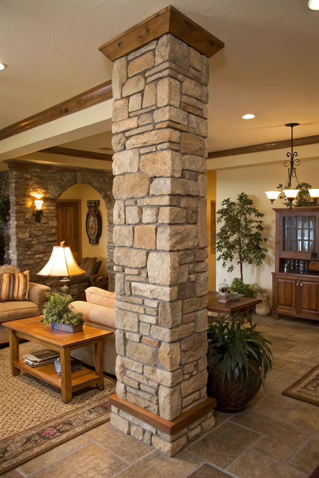 Stone cladding provides pillars with a timeless rustic charm.