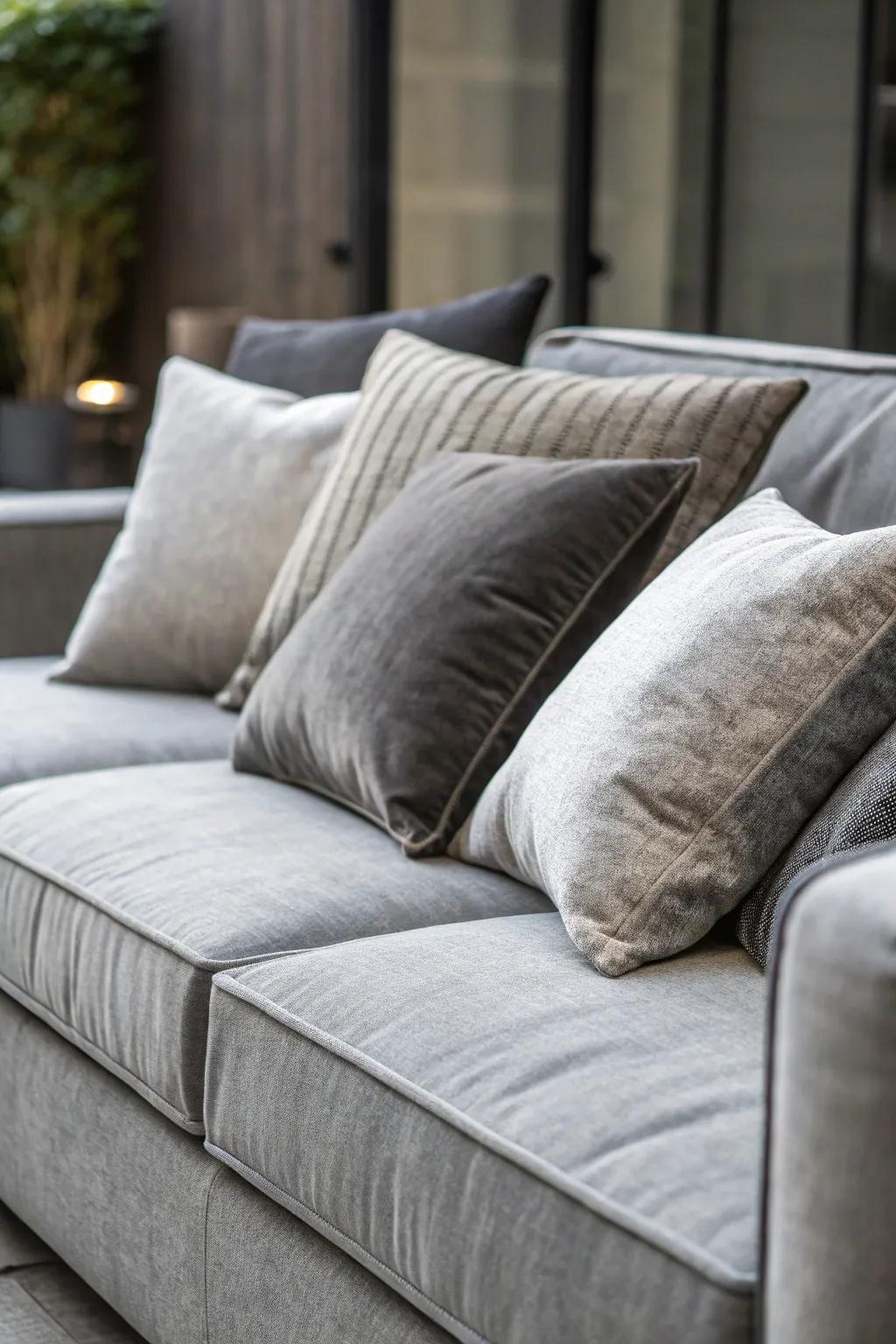 Monochrome cushions in gray shades for a refined aesthetic.