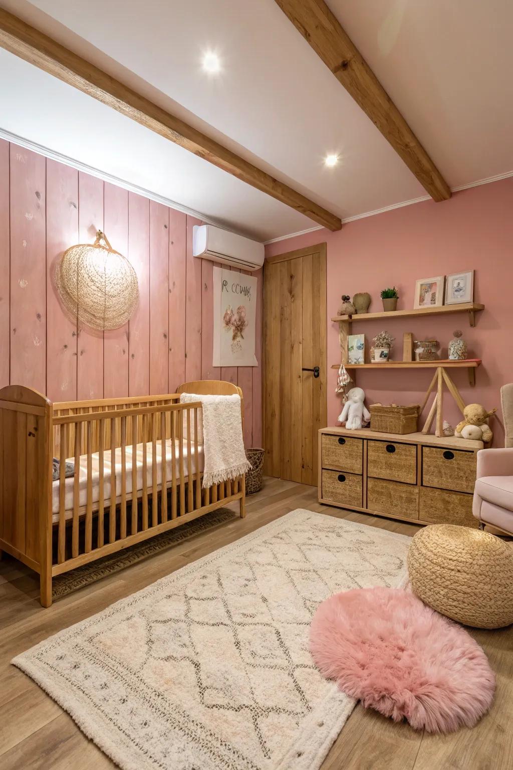 A cozy nursery with a country rose wall and timber accents.