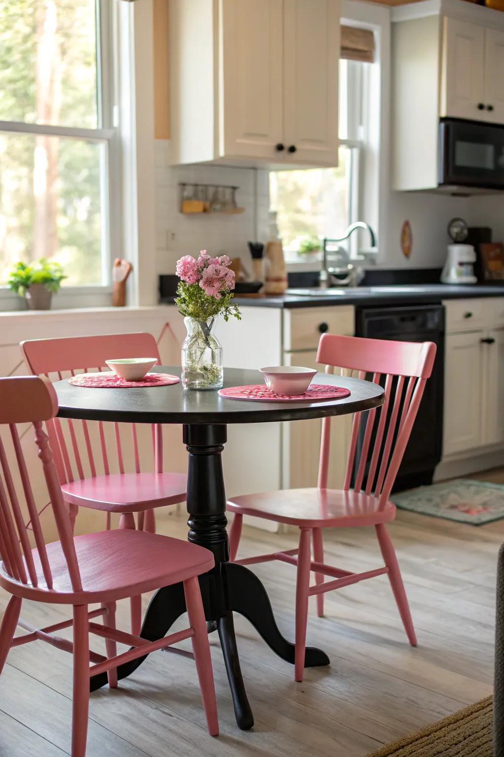 A unified dining spot that complements the cooking area's color collection.