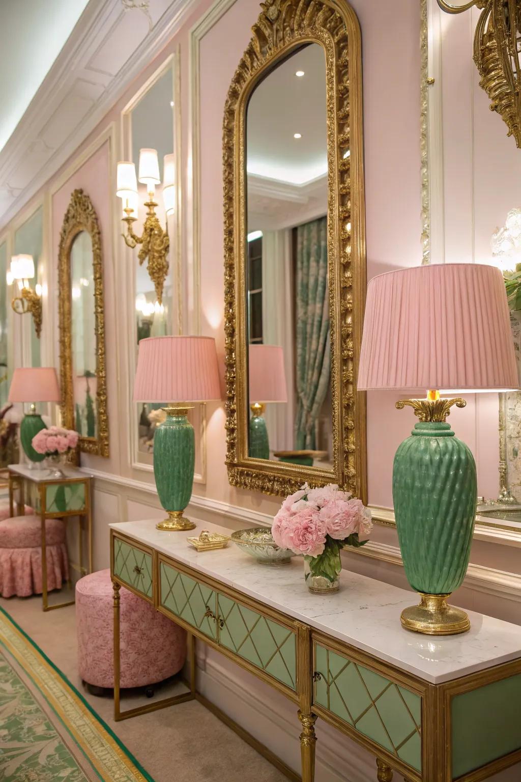 Gold accents elevate the luxurious feel of pink and green decor.