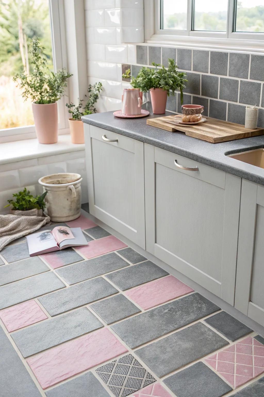 Classic grey tiles matched with understated rose details.