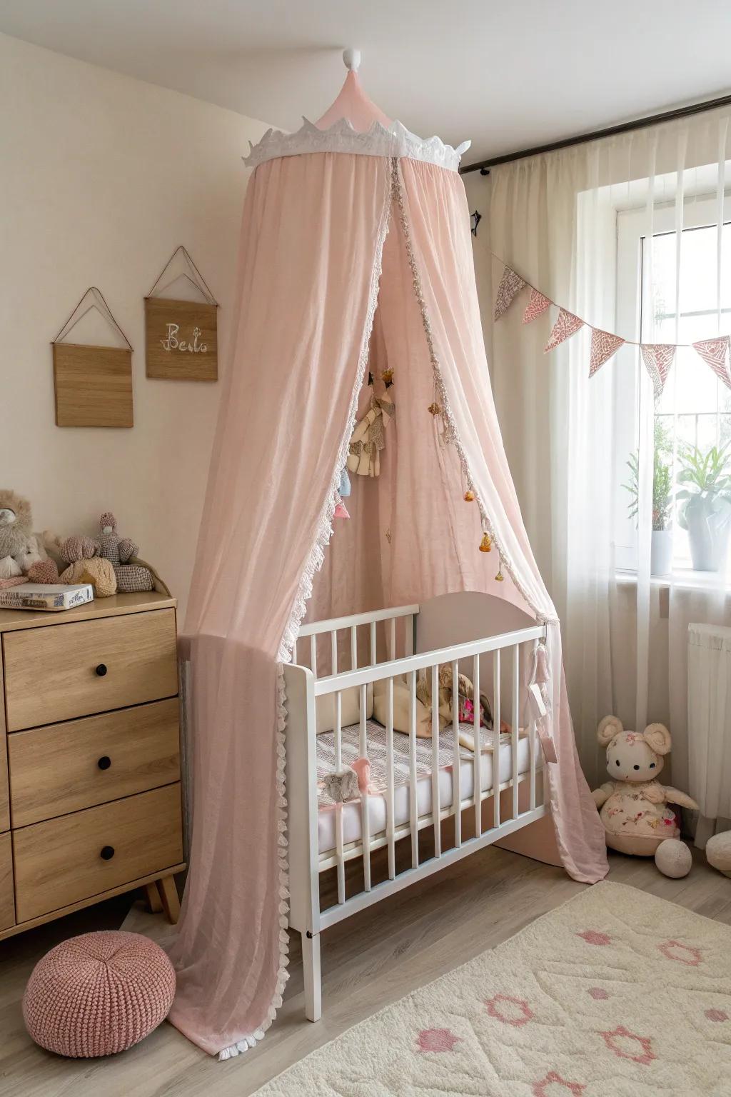 A whimsical canopy adds a fairy-tale charm to the crib.