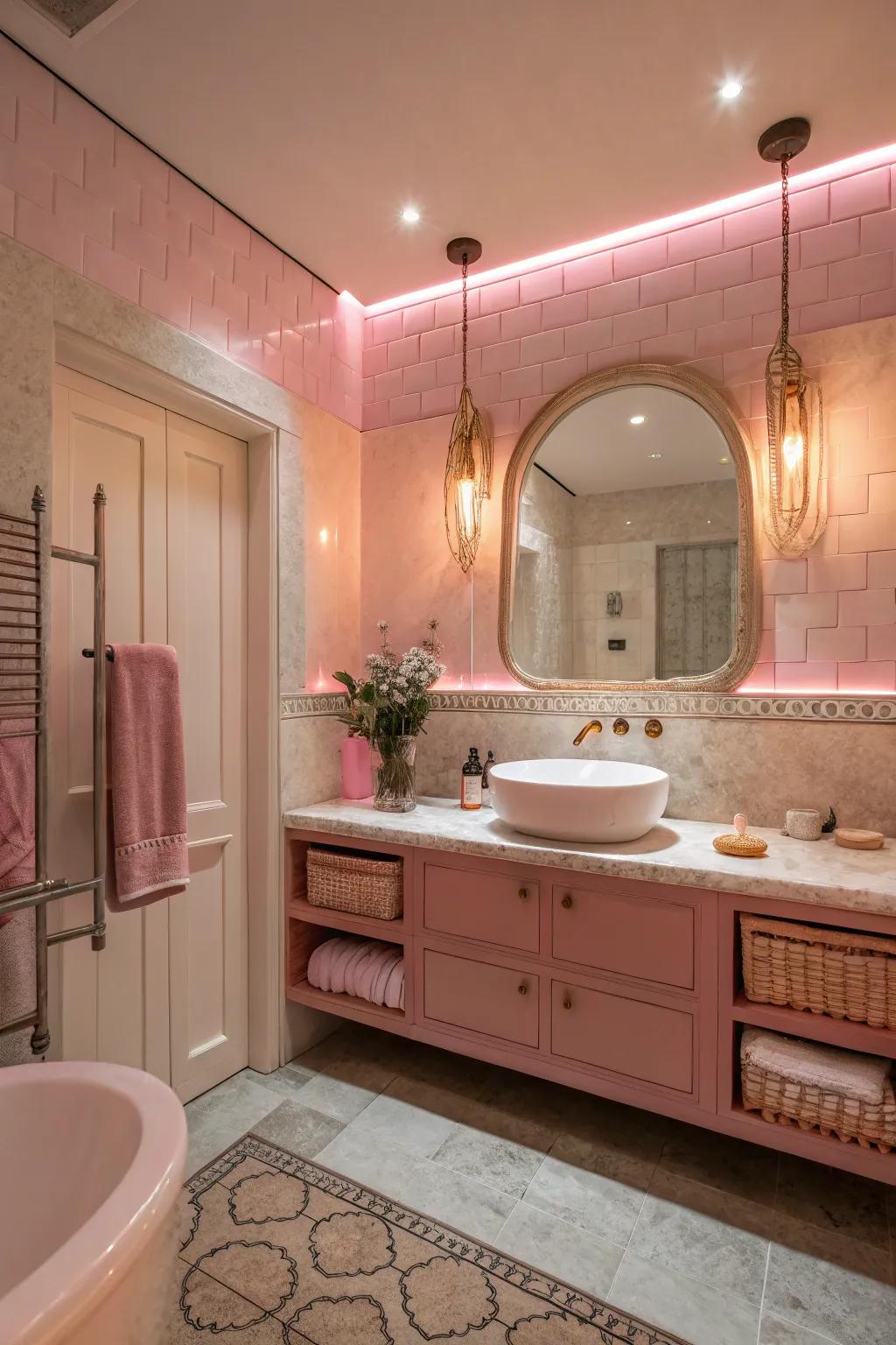 Soft rose lighting includes heat to the restroom.