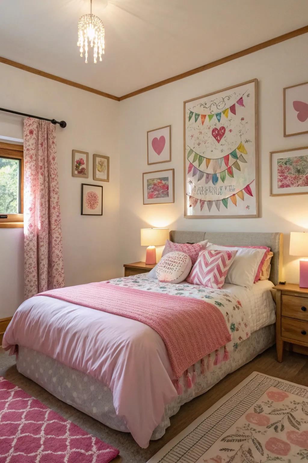 Striking rose-themed artwork adds personality to this modern bedroom.