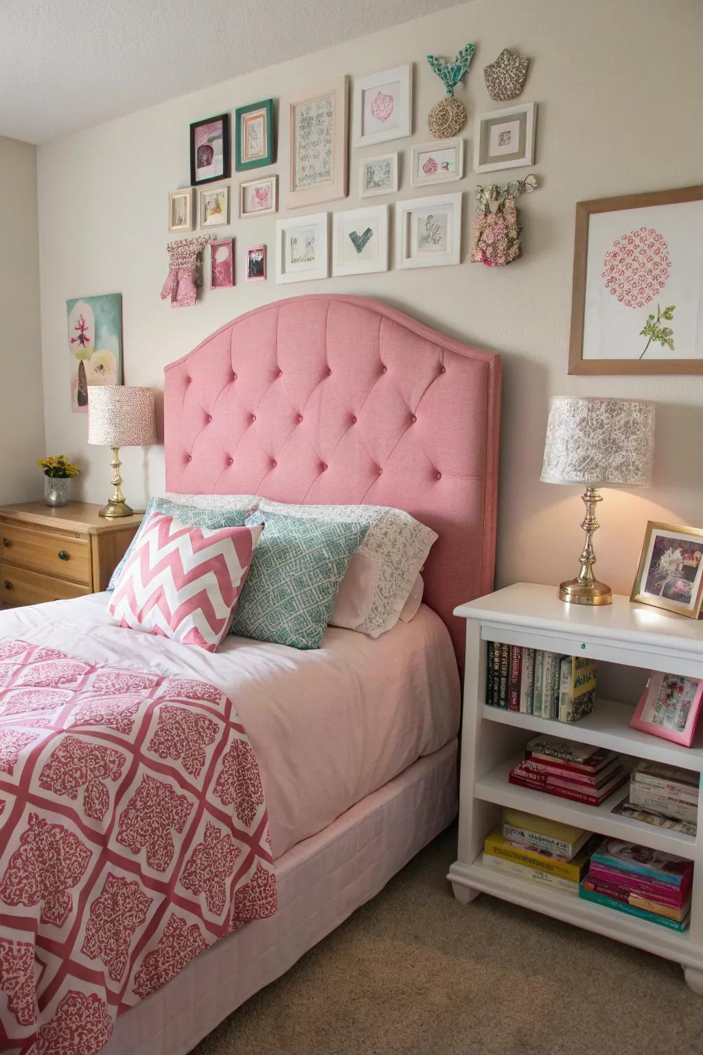 A personalized and pleasant bedroom showcasing a do-it-yourself rose upholstered section.