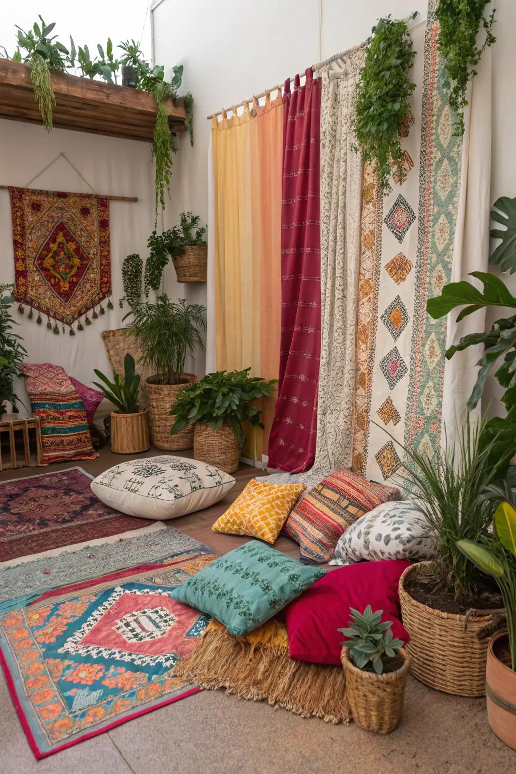To create a vibrant bohemian aesthetic, combine styles.