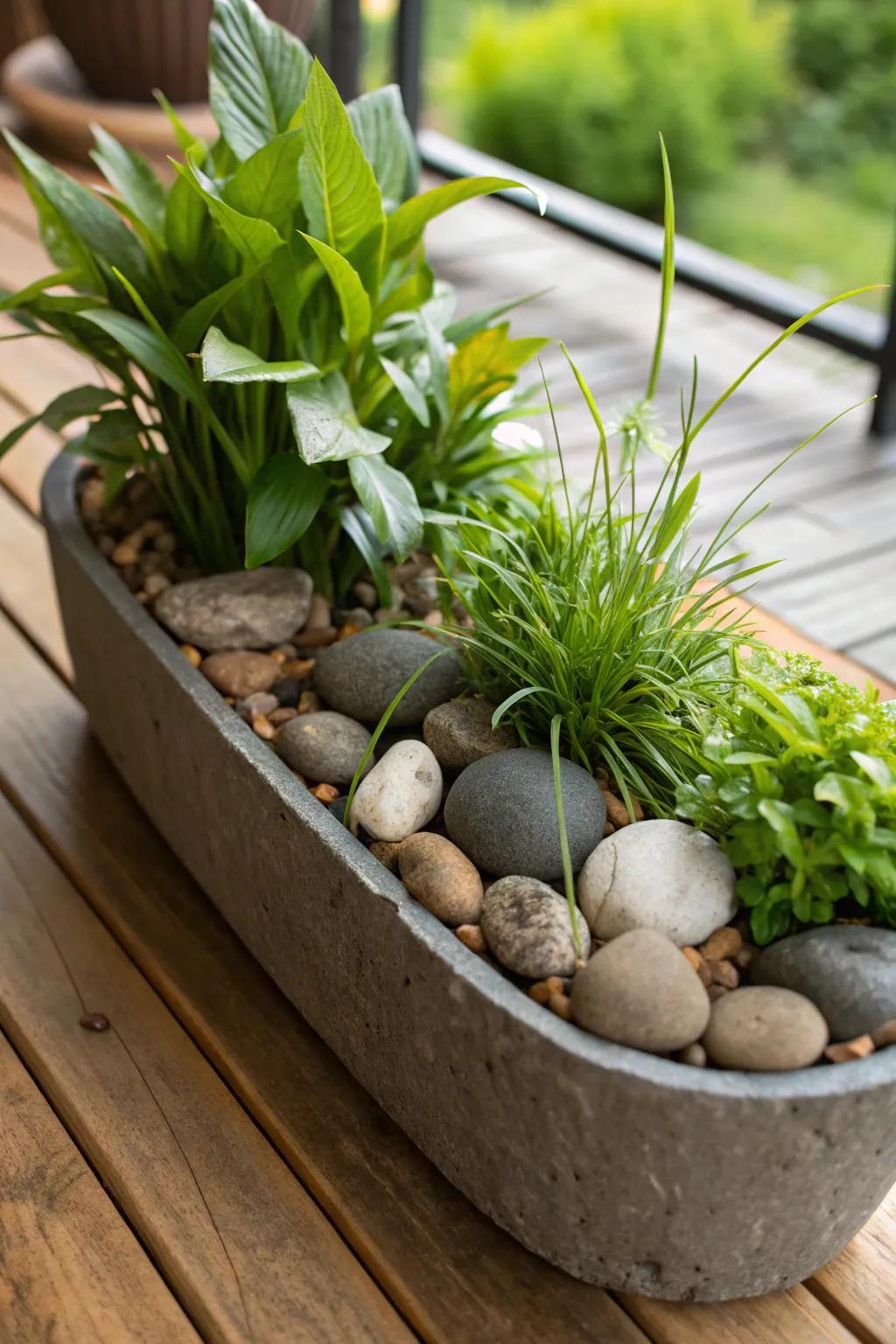 Mix nature by using stone and tree branch decorations.