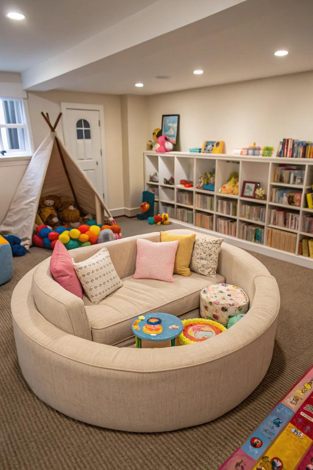 A secure playroom showcasing a rounded-edge sofa.