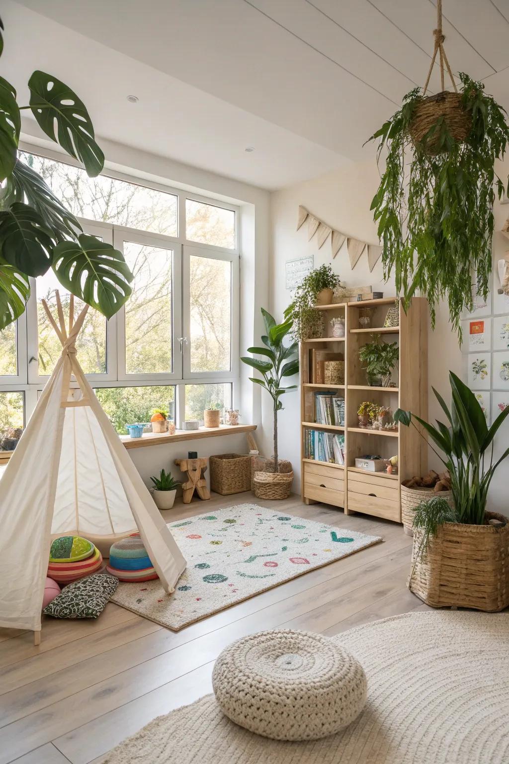A serene playroom integrating natural influences.