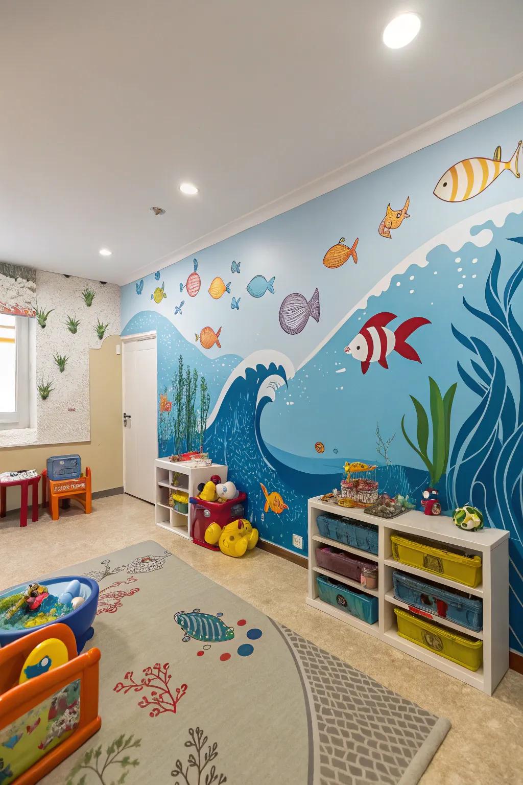 An under-the-sea theme creates a serene and adventurous playroom.