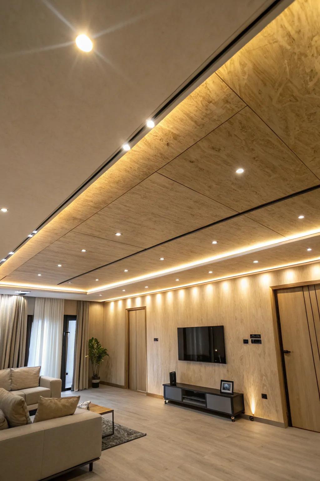 A modern room with light mounts enhancing a stylish plywood ceiling.