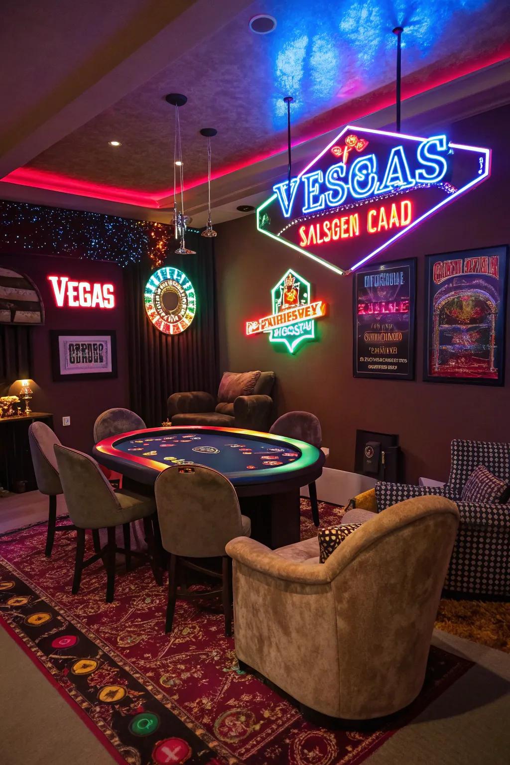 Recreate the thrill of Vegas with vibrant decor.