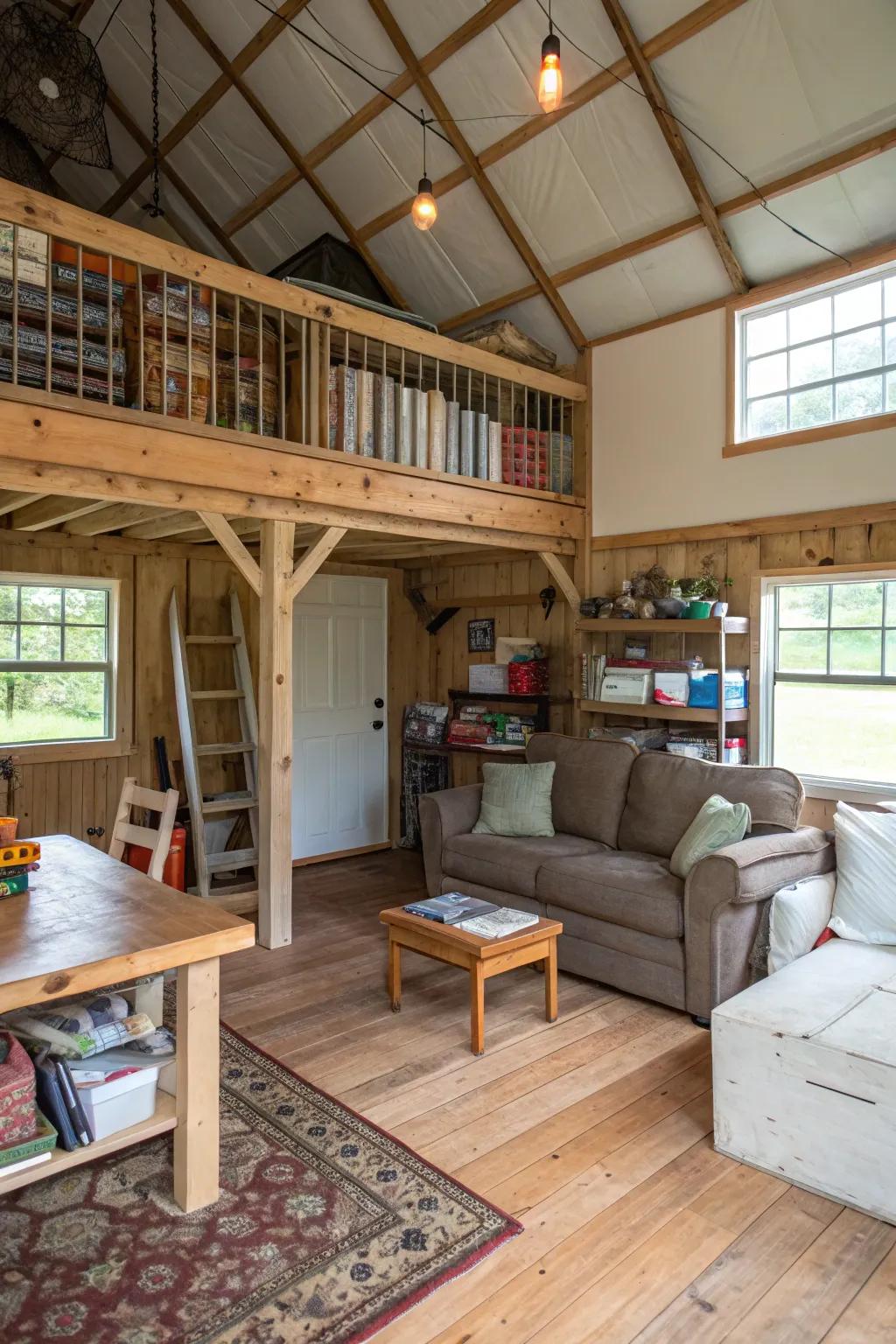 A loft space in a pole barn used for storage and lounging.