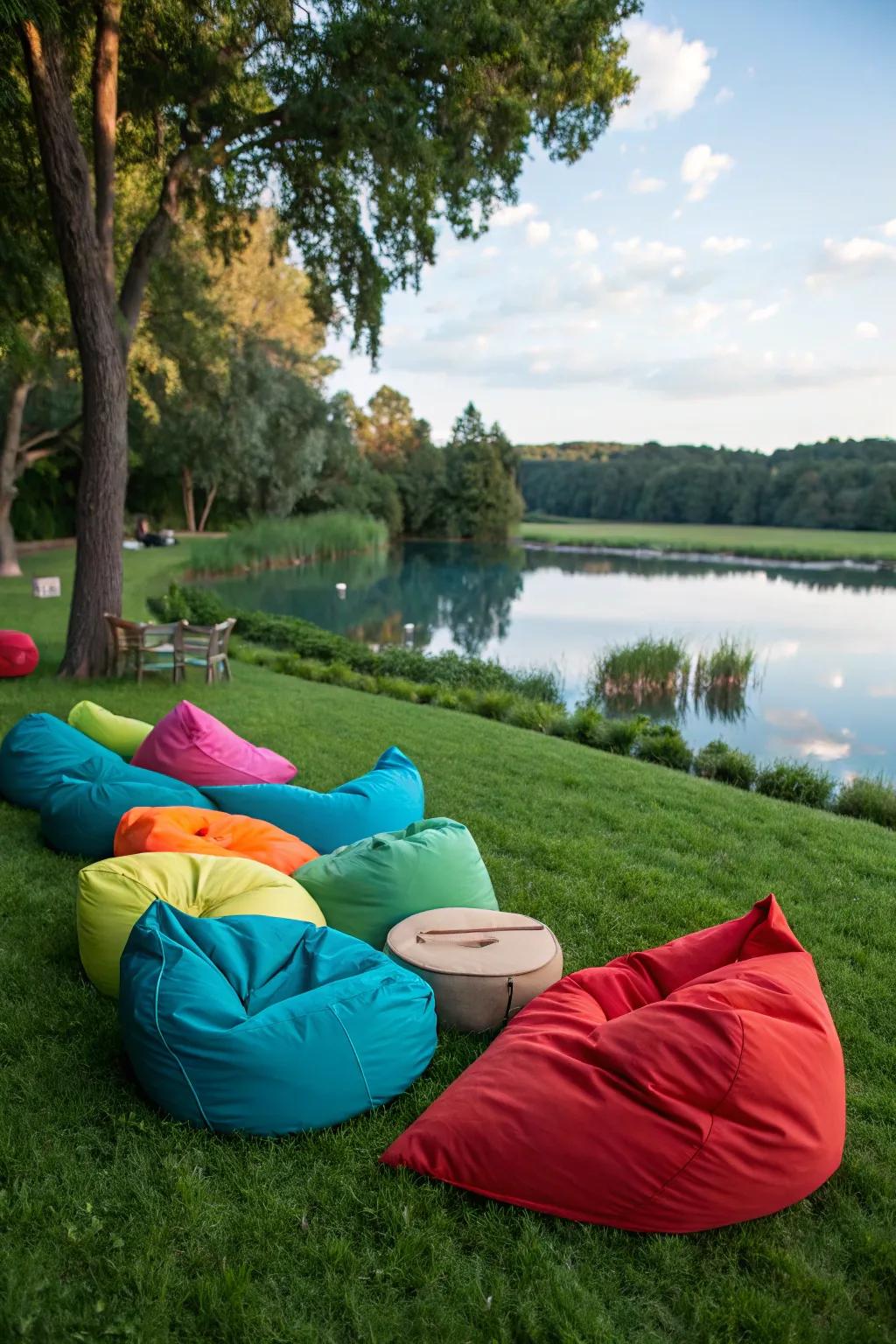 Exterior bean bags furnish a casual and comfy seating alternative.
