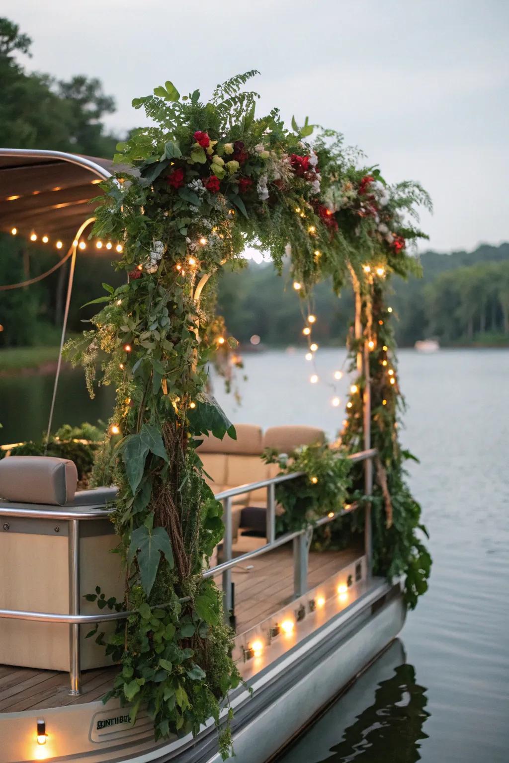 A pontoon boat designed with an enchanted forest theme, featuring lush greenery and twinkling lights.
