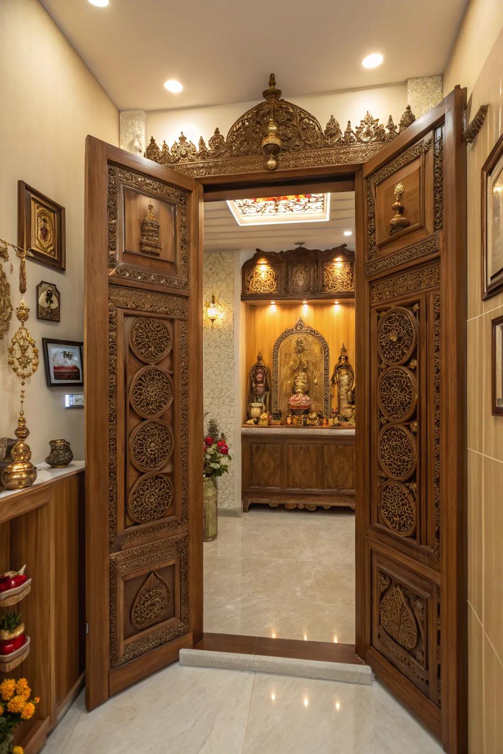 Ornate doors invite you into the sacred space of this pooja room.