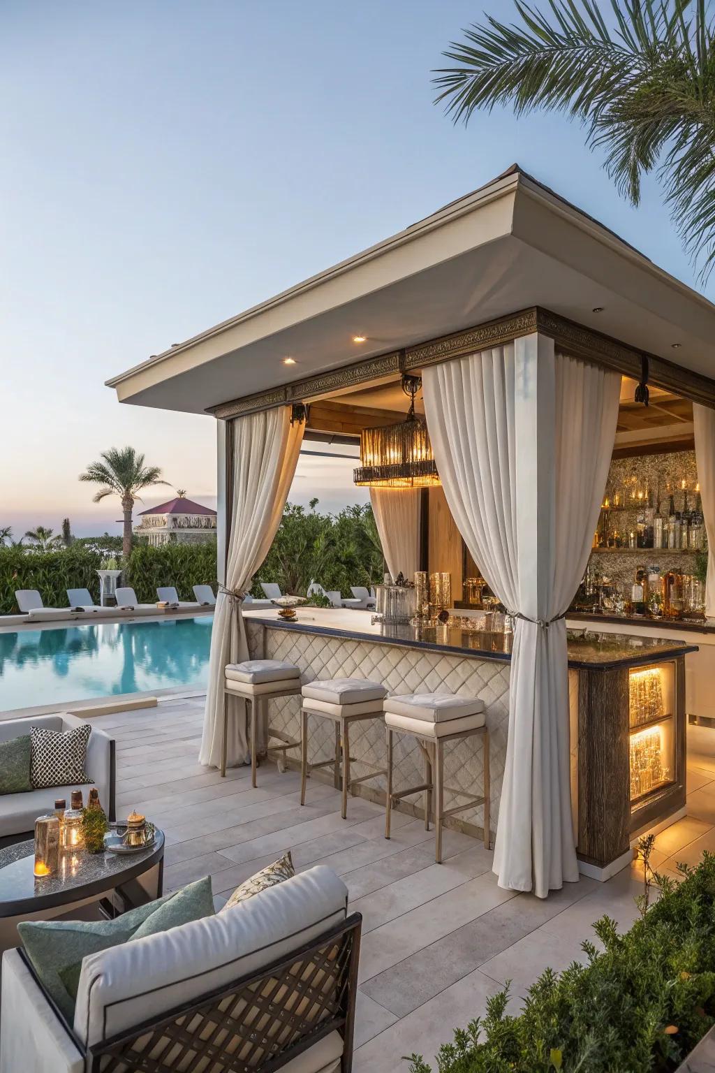 A cabana with a bar creates a private retreat by the pool.