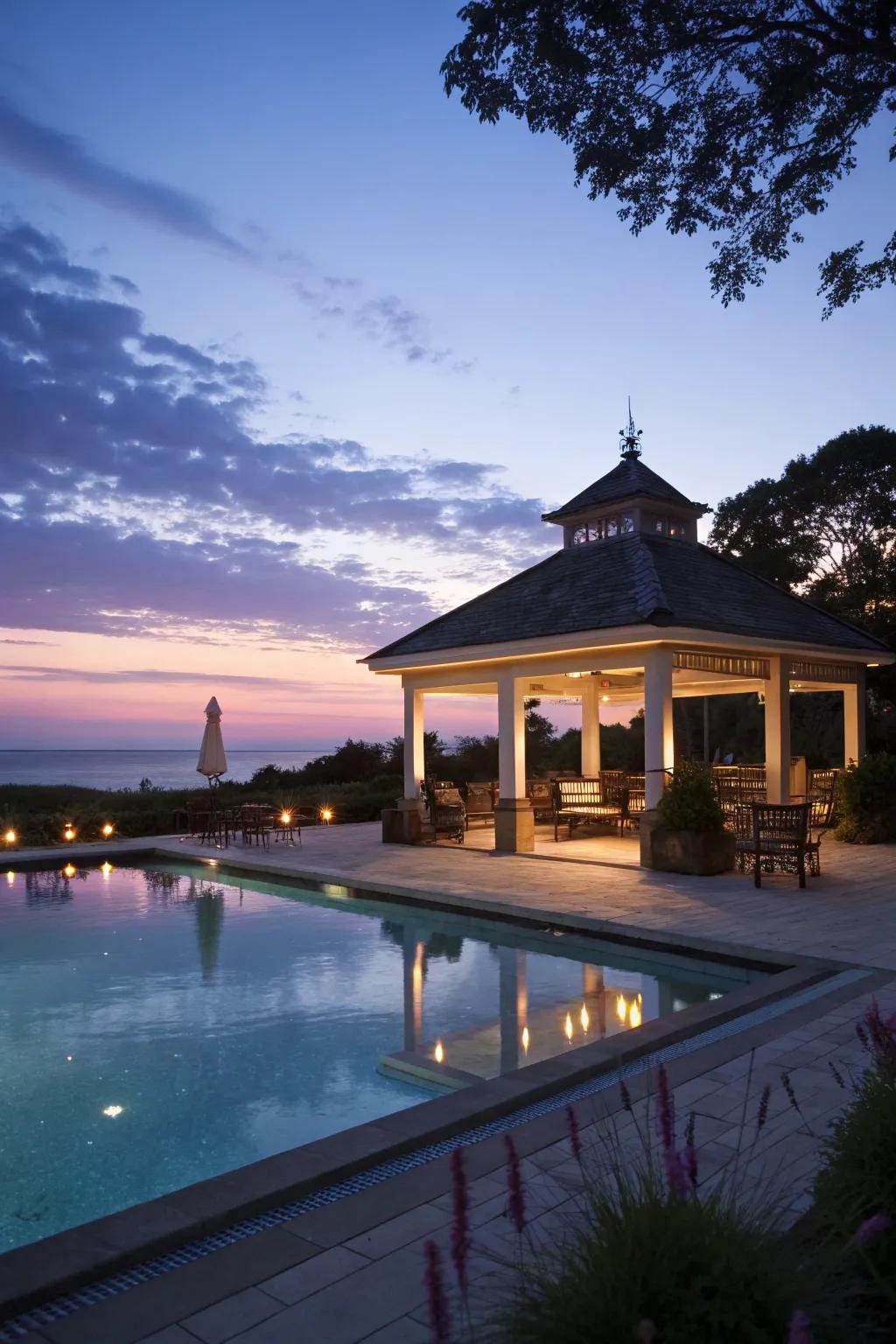 Imaginative lighting features can turn your pool pavilion into a magical nighttime getaway.