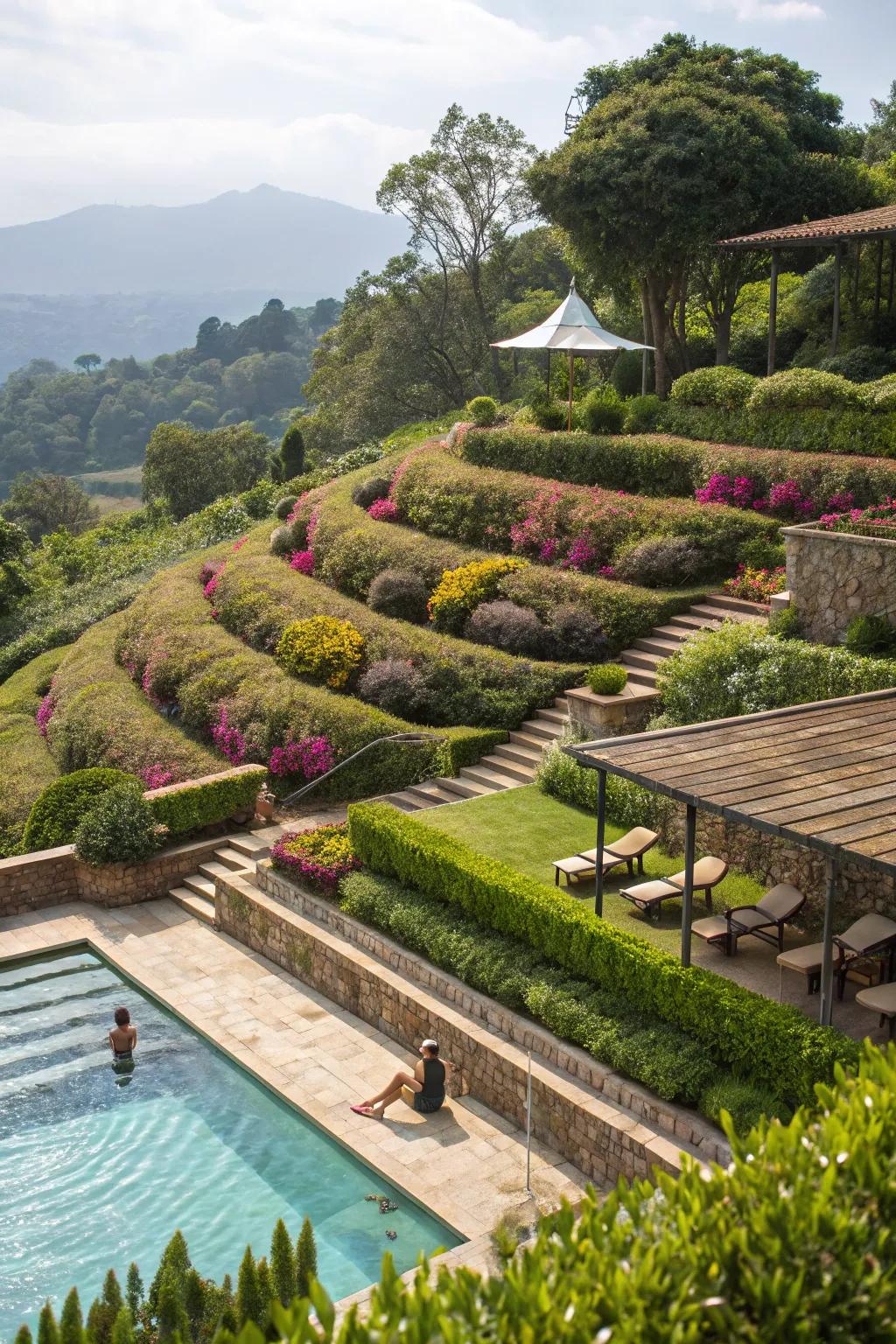 Terraced landscaping enhances privacy and beauty.