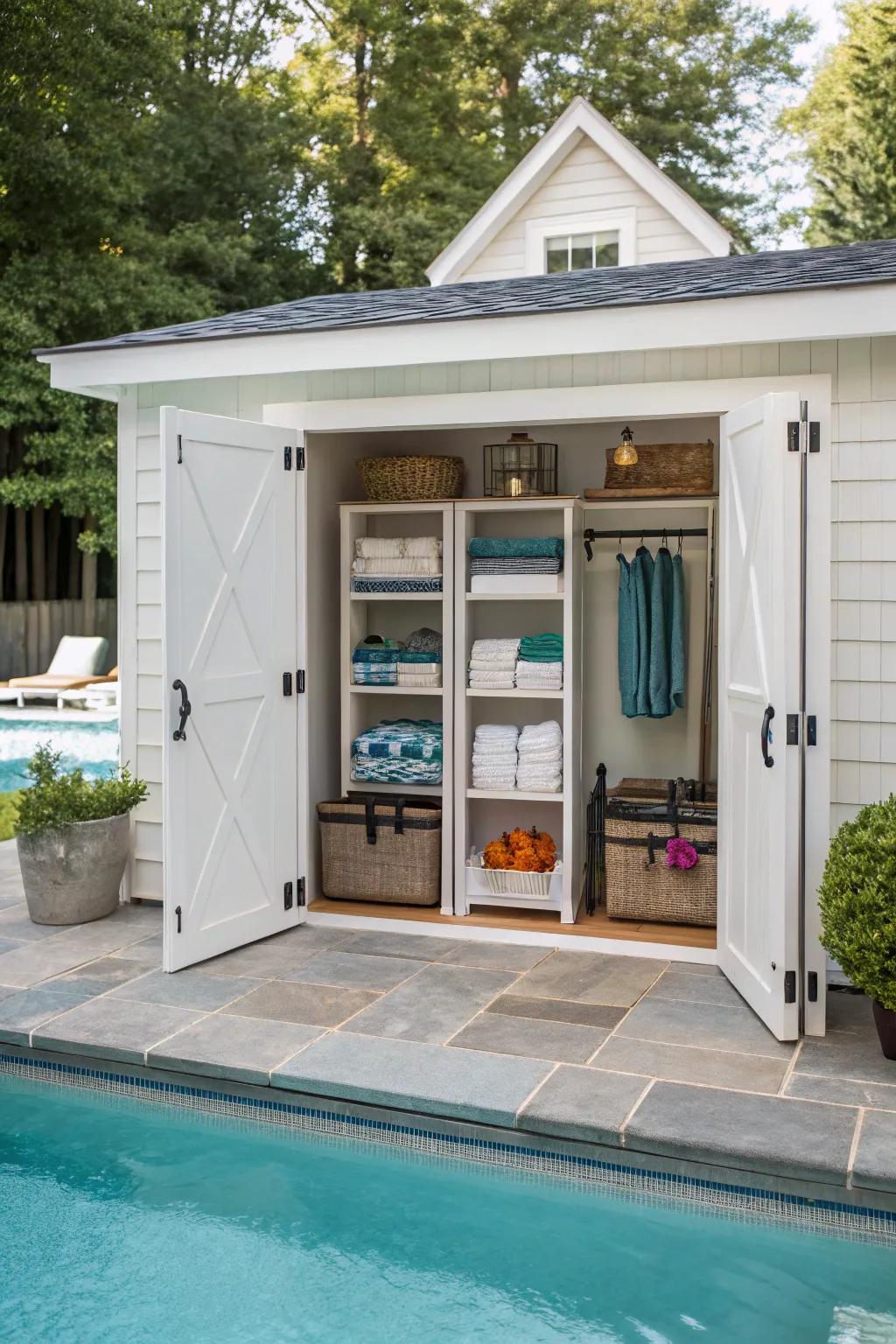 An enclosed pool house offers both extensive storage and a hint of luxury.