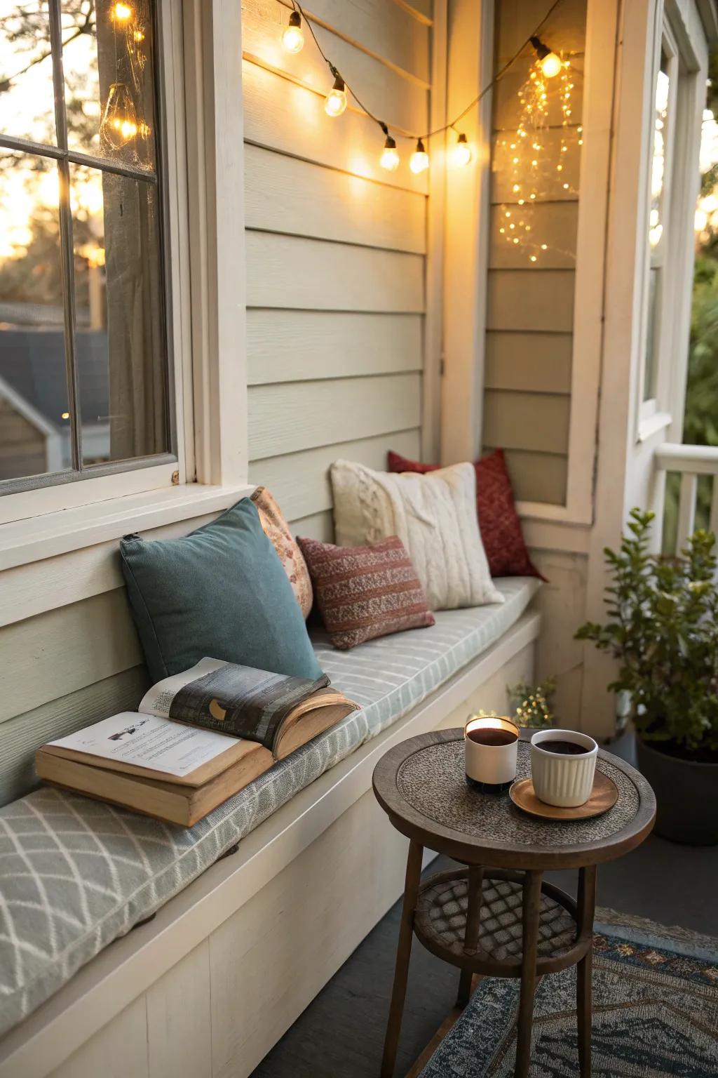A corner bench fashions a comfortable nook on a small porch.