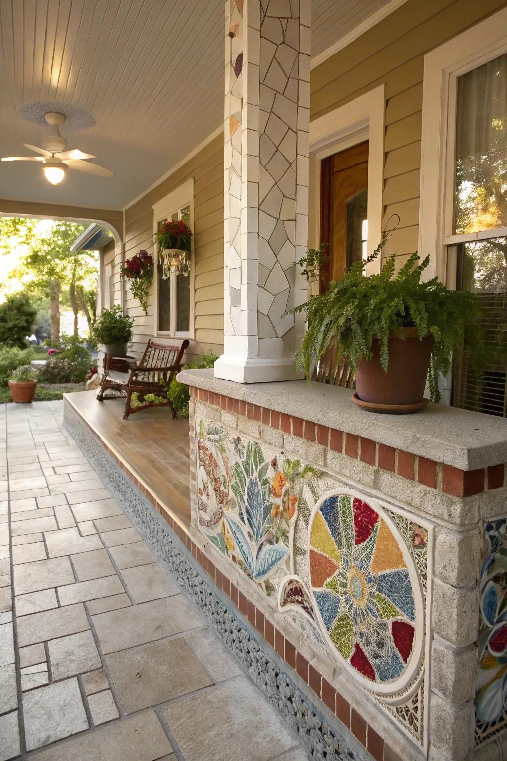 An artistic mosaic knee wall bringing character to a porch.