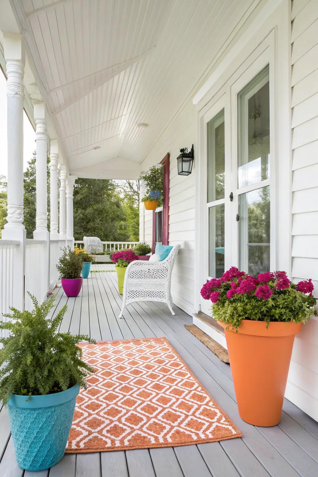 A traditional snow porch with vibrant accents that include a personal touch.