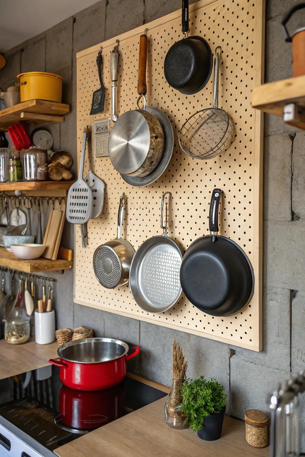 A pegboard adds versatility and style to pot and pan storage.