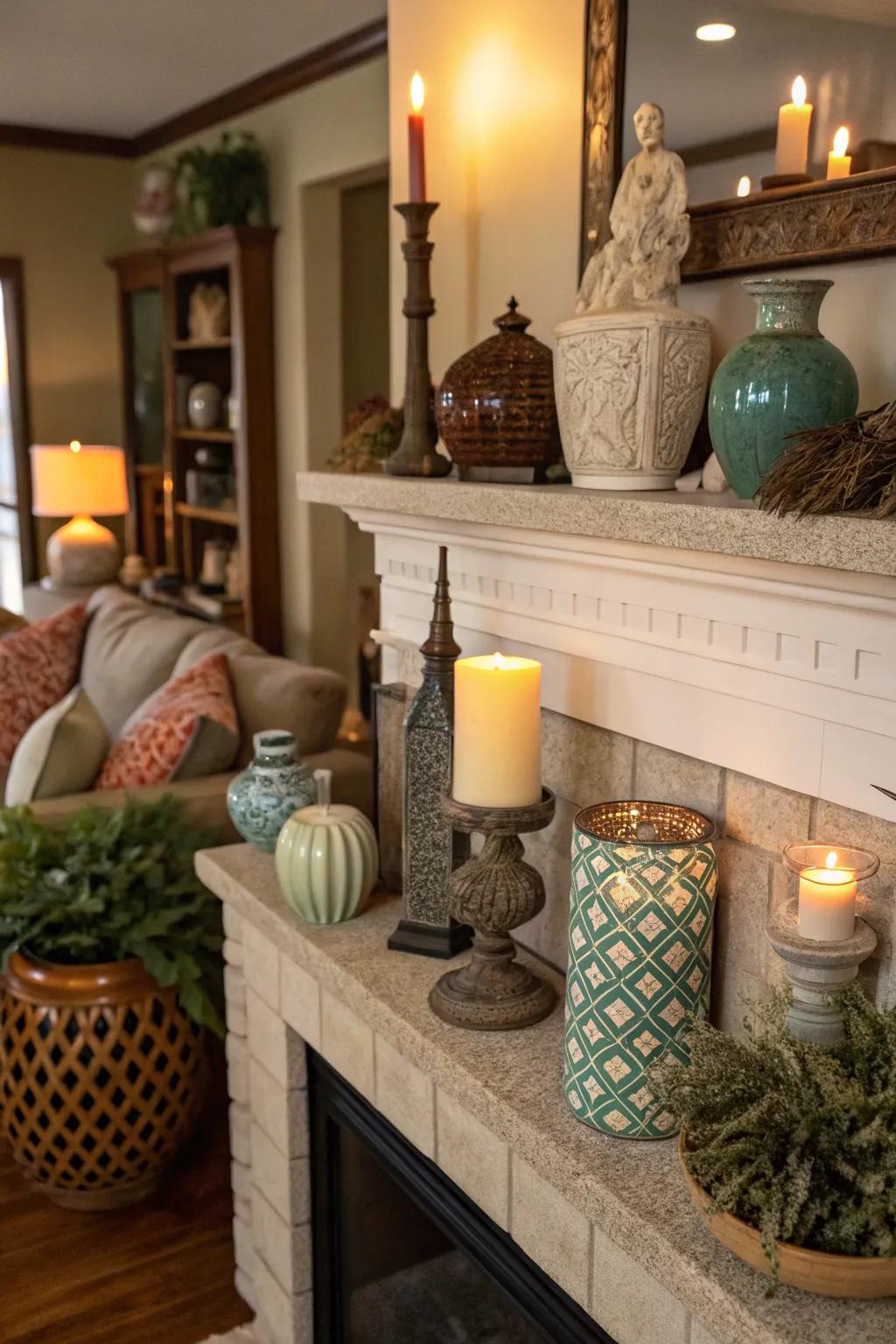 Eclectic pottery arrangement on a living room mantel.