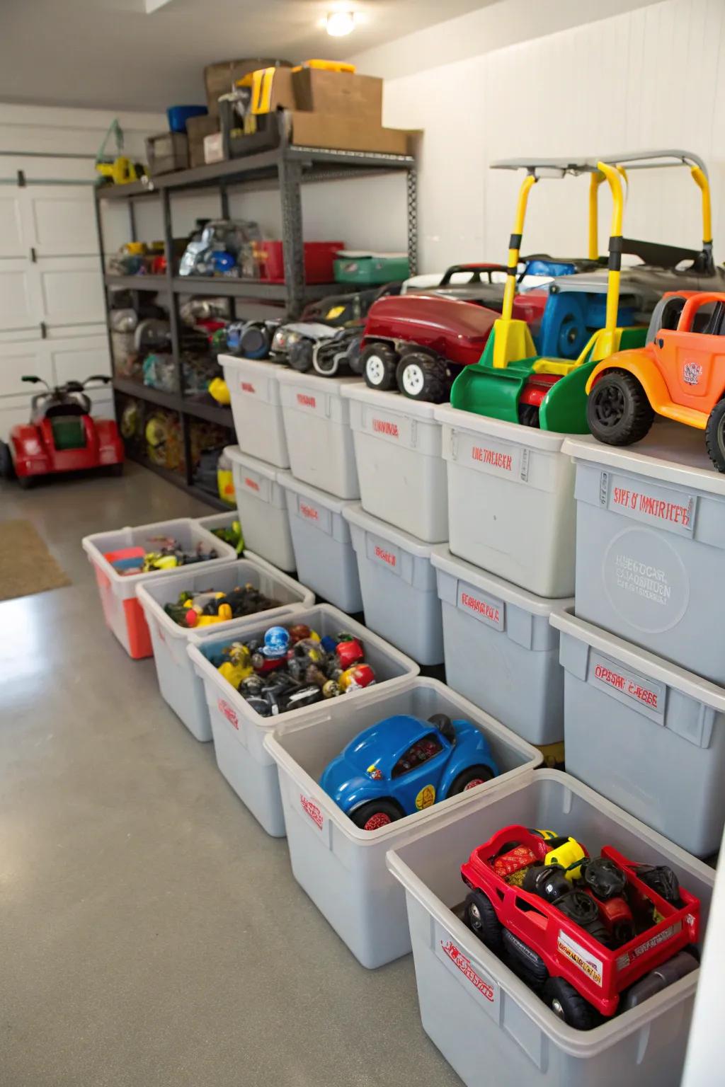Transportable storage containers designed for arranging smaller electric ride-on cars.