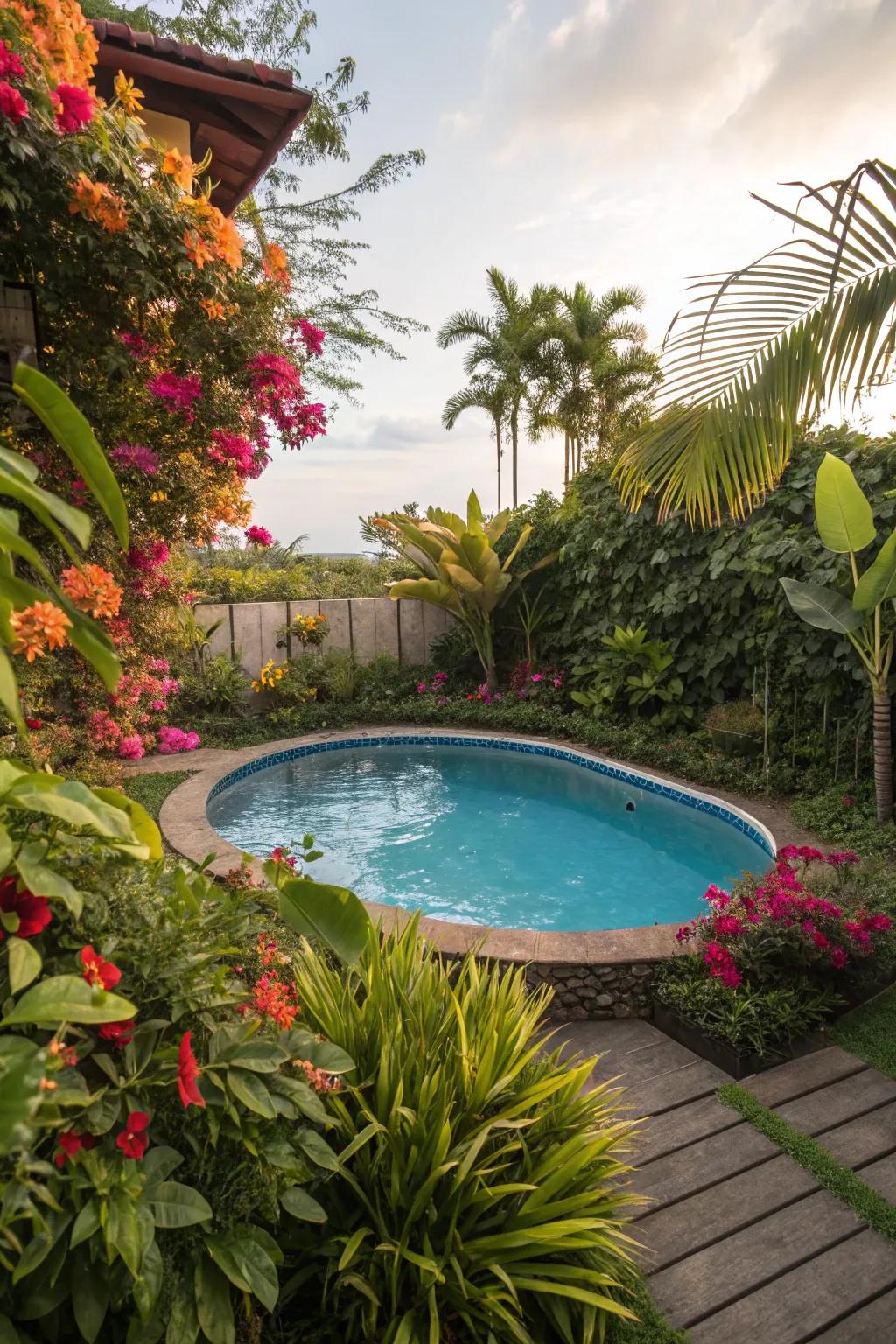 Exotic blooms offer a lush and tropical privacy screen.
