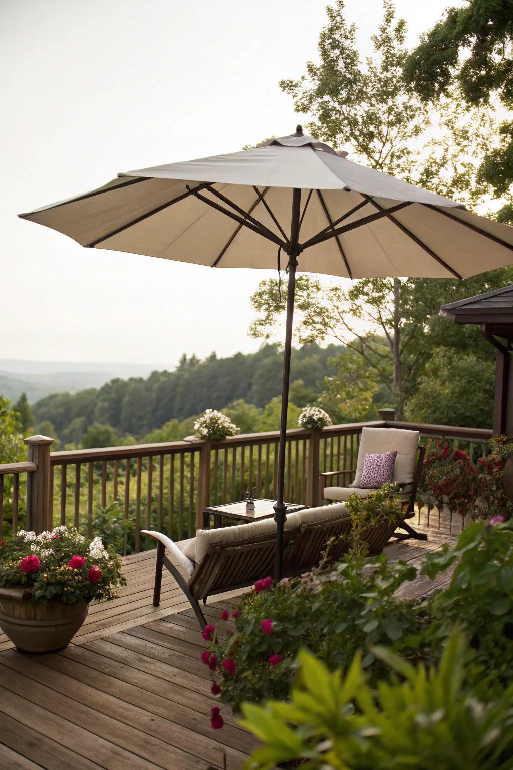 A spacious parasol delivers adaptable shade and seclusion on a deck.