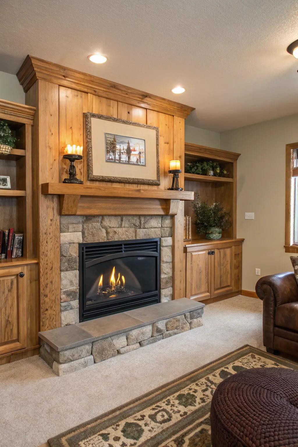 A living area that features a propane fireplace with organic wood details.