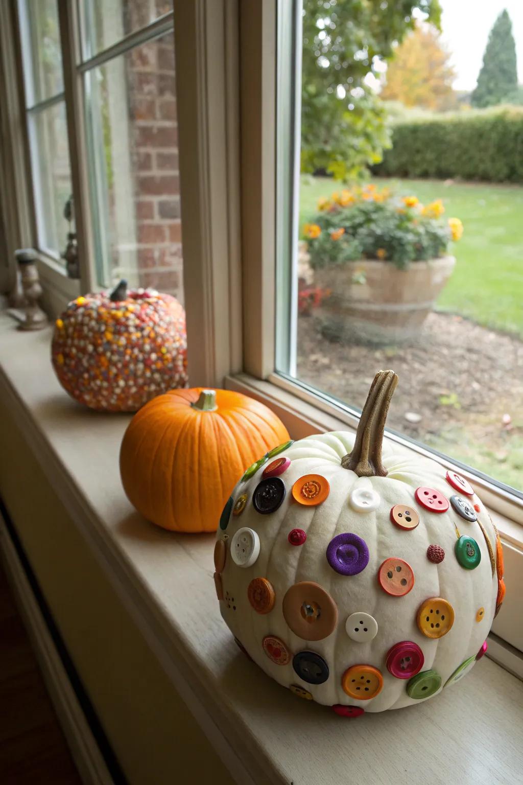 Pumpkins creatively decorated with colorful fasteners.