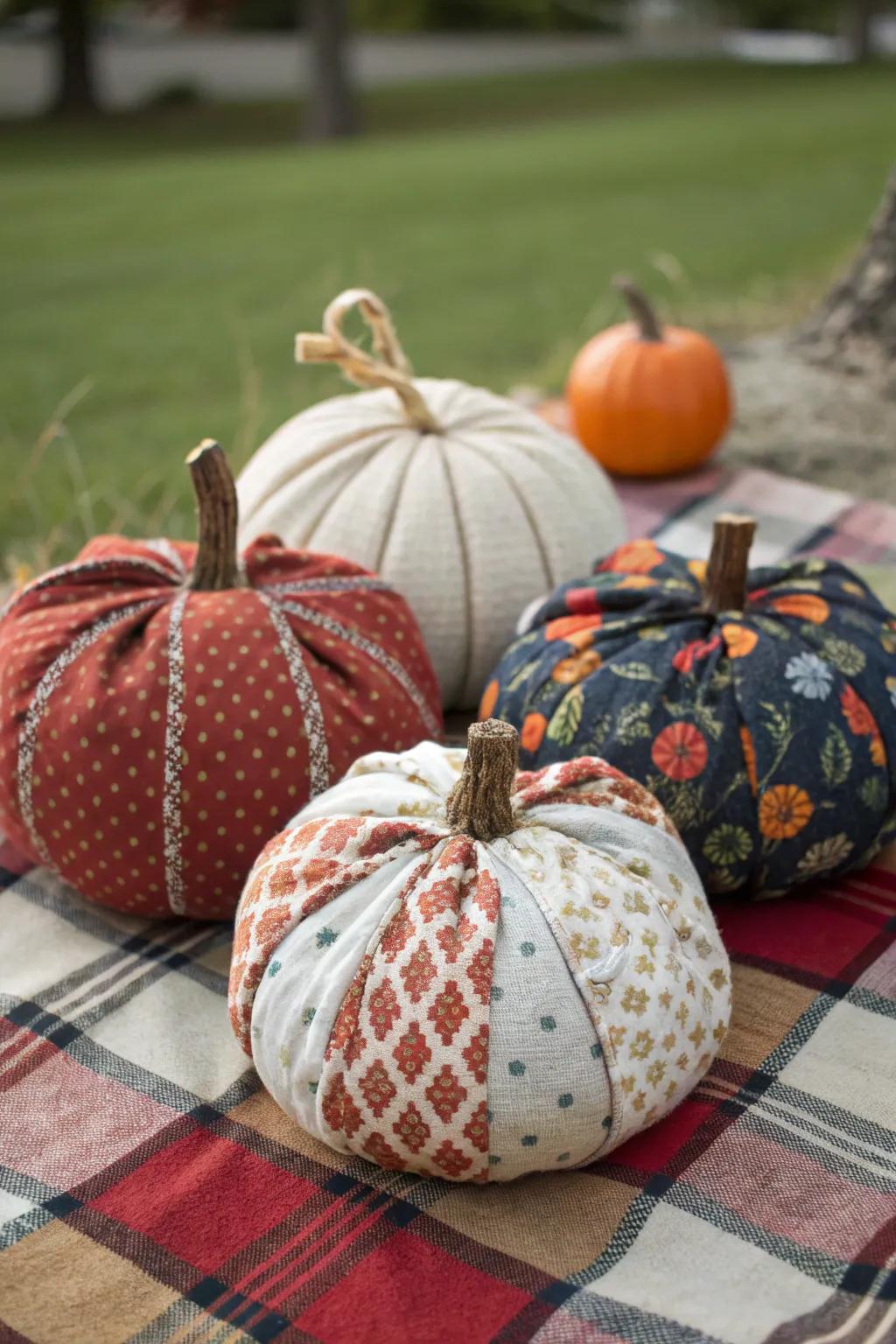 Fabric-covered pumpkins offer warmth and texture.
