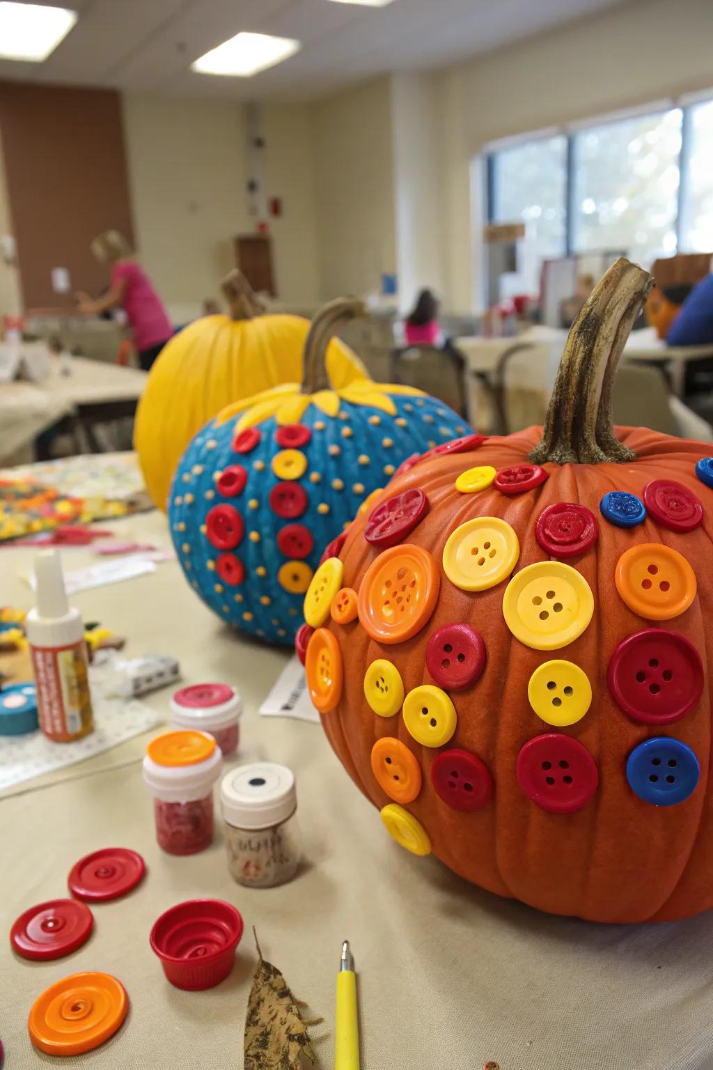 Pumpkins covered in a rainbow of buttons.