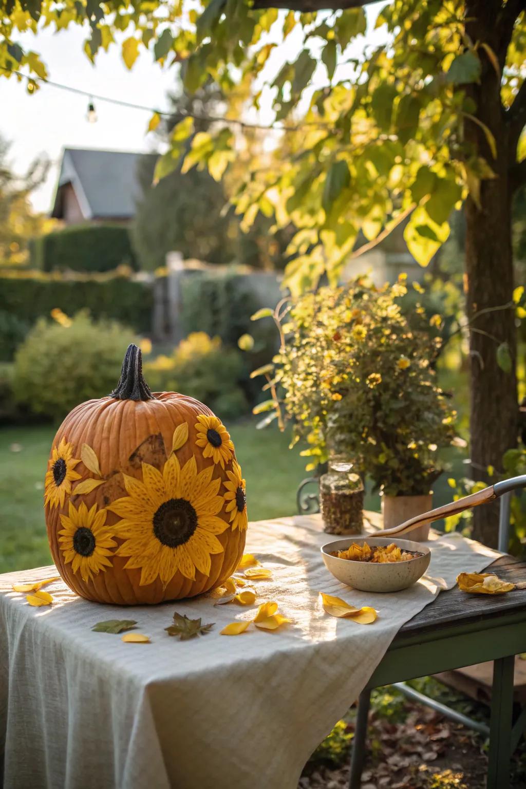 A joyful solar bloom pumpkin brightening the fall outdoor space.