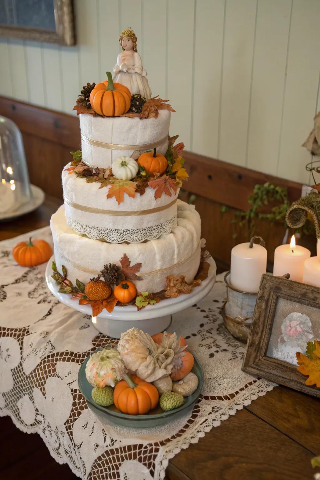 Classic pumpkin diaper cakes are ideal for a sentimental, old-world ambiance.