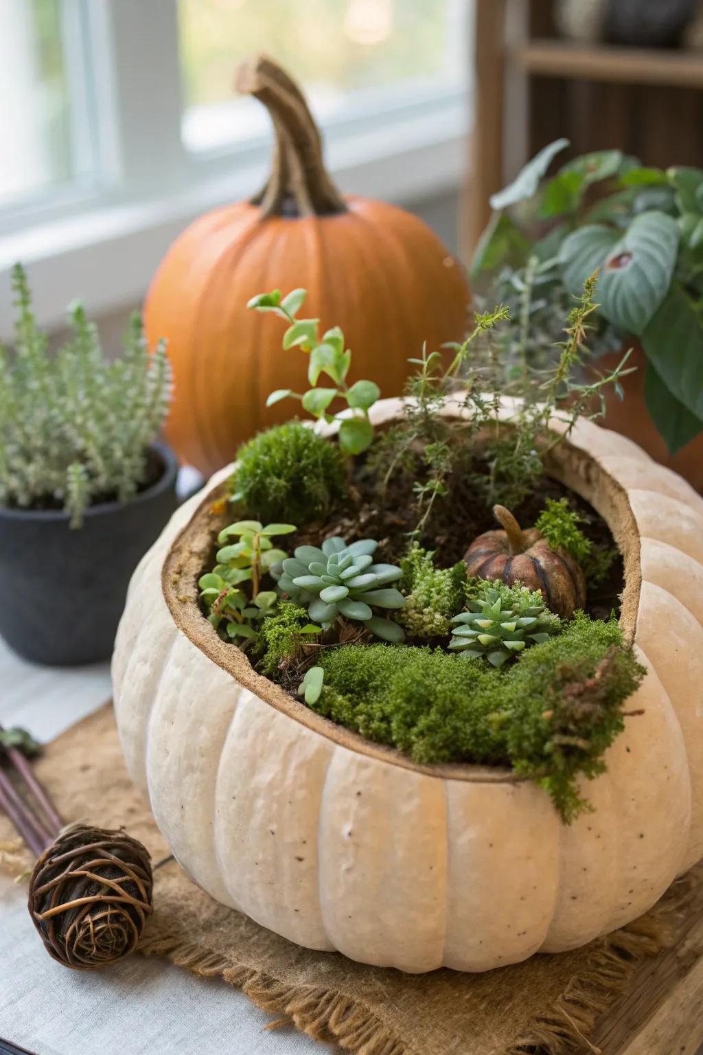 A whimsical pumpkin terrarium filled with greenery.