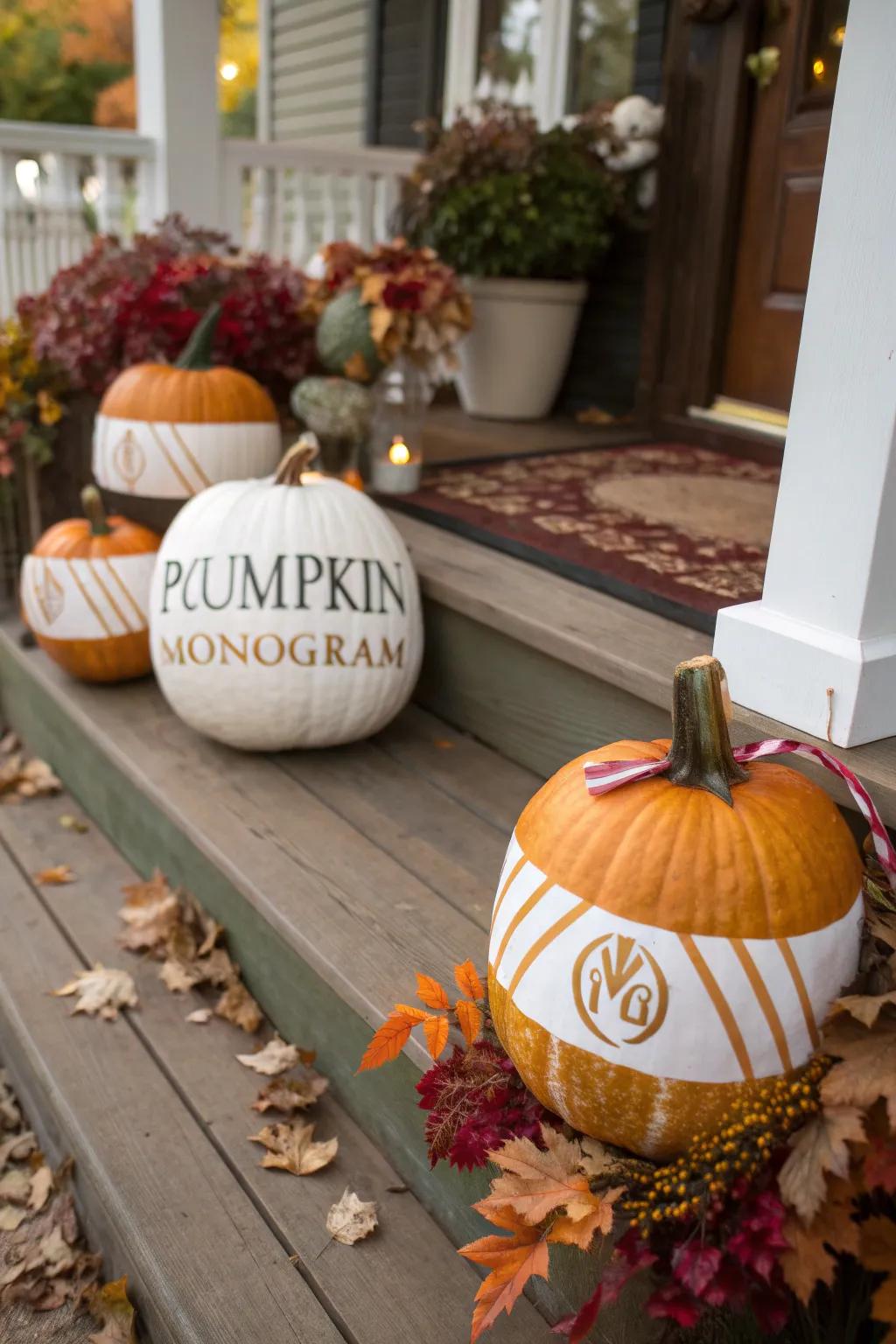 Monogrammed pumpkins personalize your fall ornamentation.