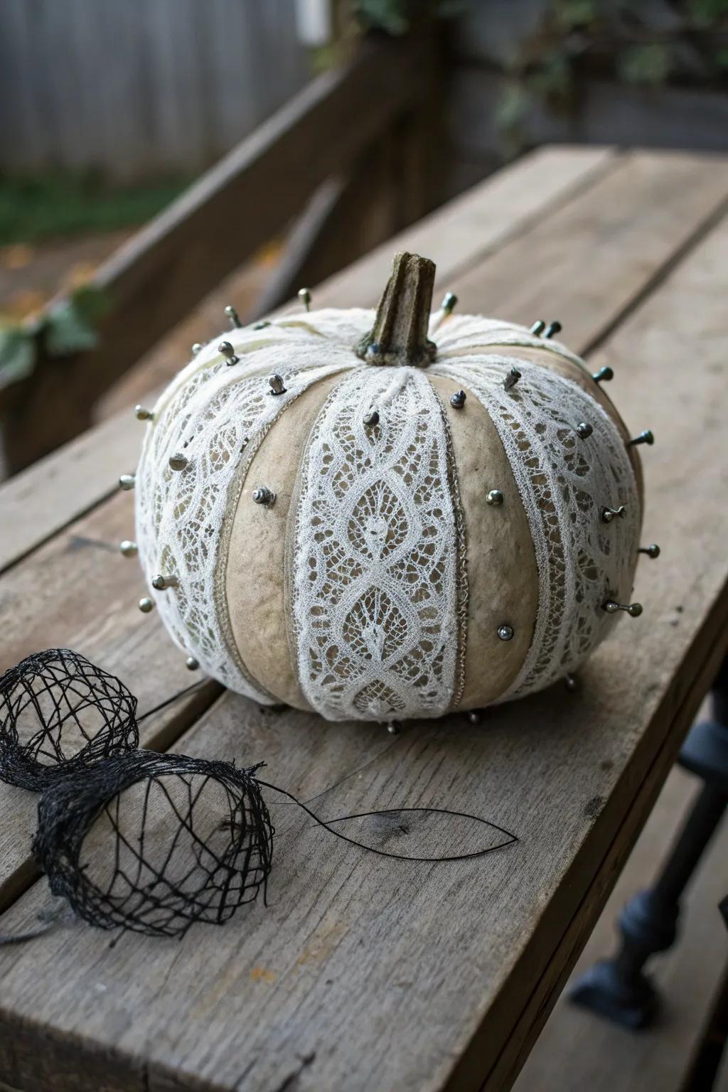 A gourd covered in lace for a vintage effect.