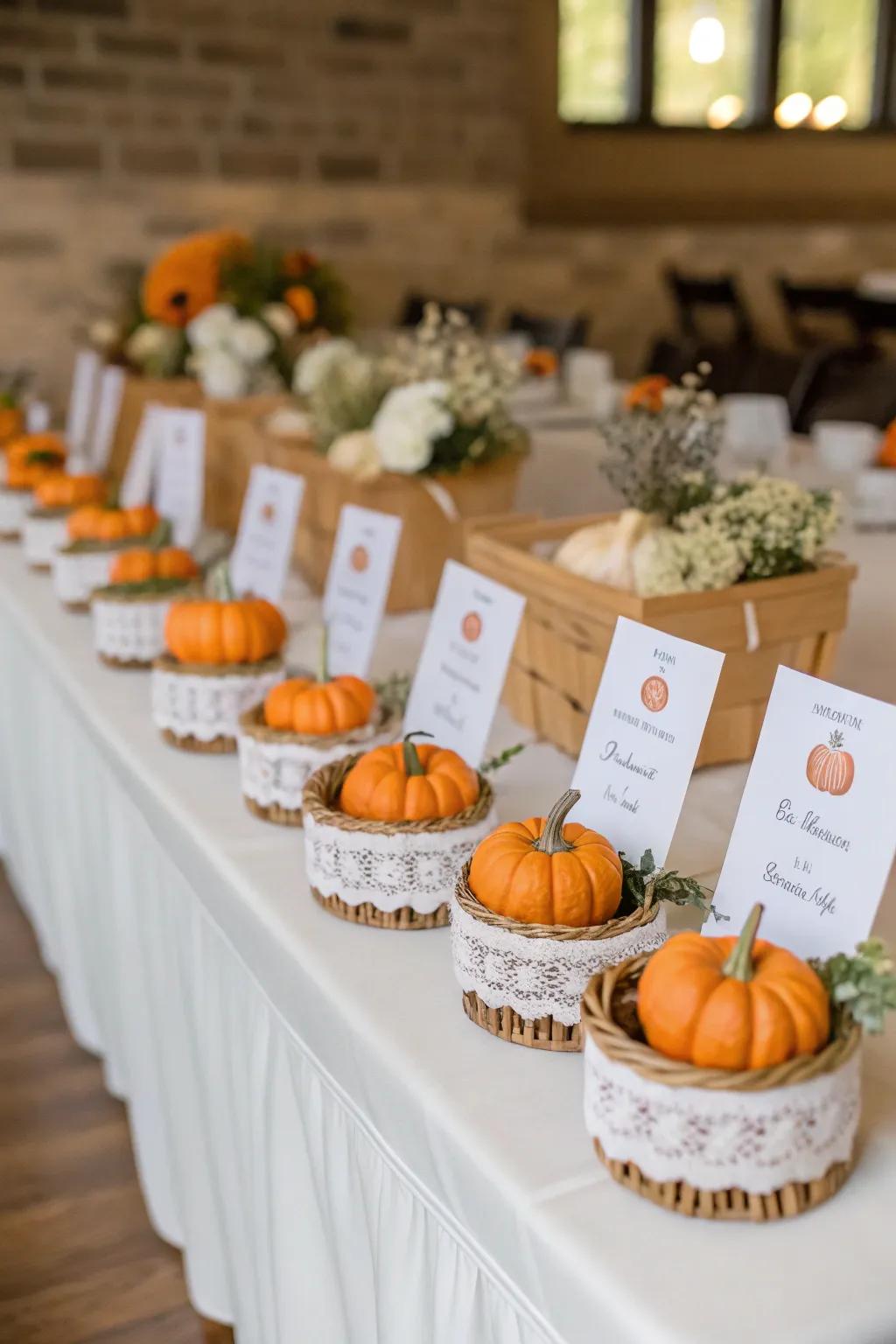 Miniature squashes creatively used as place cards for guests.