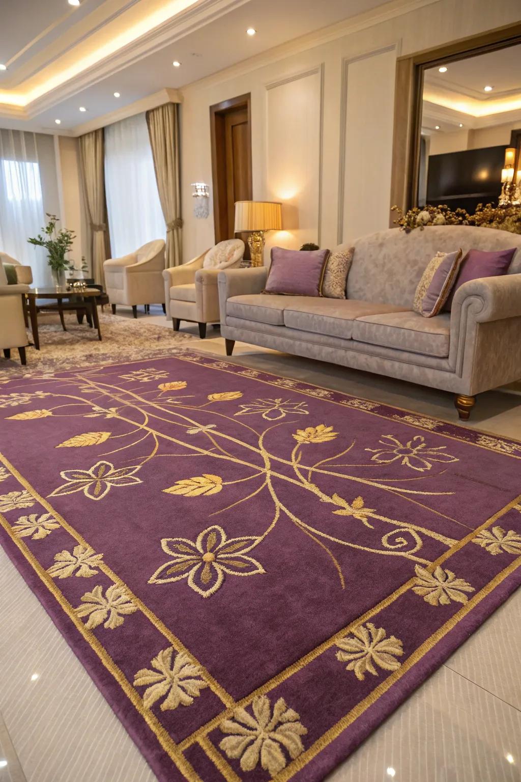 A sumptuous area rug with gold embellishments anchors and defines the space.