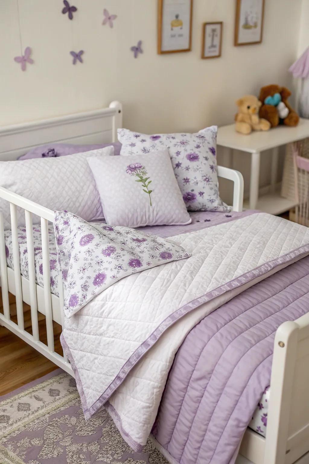 Delicate purple bedding features unify the room.