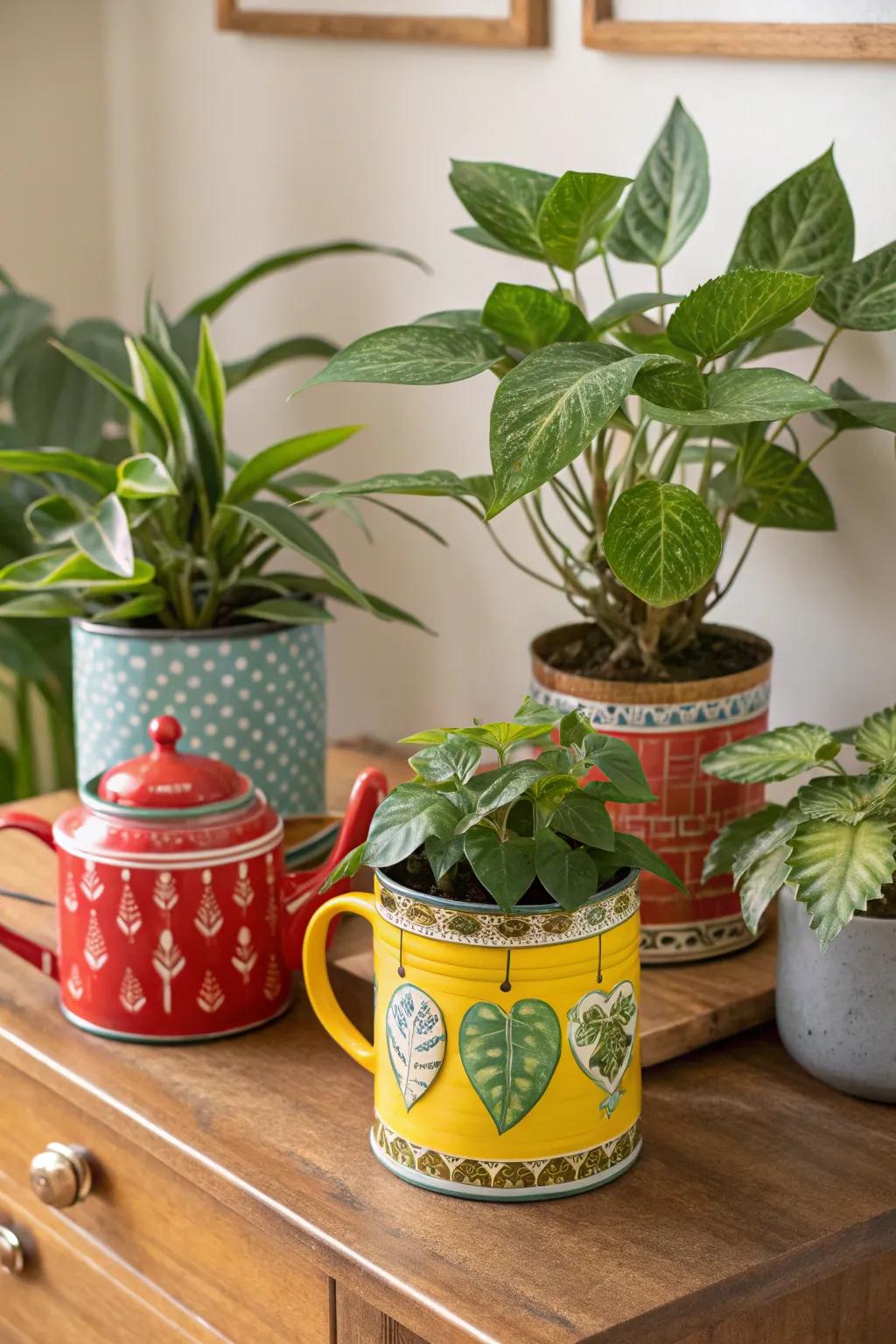 Houseplants in quirky holders like teapots.